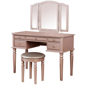 Benzara Vanity Set with Turned Tapered Legs and Three Piece Mirror, Rose Gold BM232895 Rose Gold Wood and Veneer BM232895