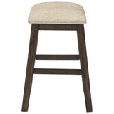 Benzara Saddle Fabric Barstool with Wooden Legs, Set of 2, Brown and Beige BM232928 Brown Solid Wood and Faux leather BM232928