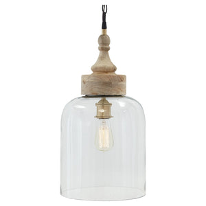 Benzara Inverted U Glass Pendant Light with Wood Finial Crown Top, Brown and Clear BM232931 Brown and Clear Solid Wood, Metal and Glass BM232931