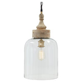 Inverted U Glass Pendant Light with Wood Finial Crown Top, Brown and Clear