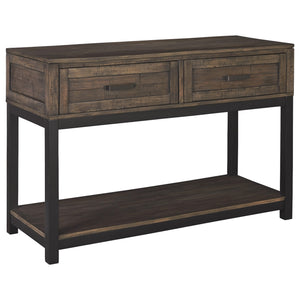 Benzara 48.13 Inches 2 Drawer Sofa Table with Bottom Shelf, Brown BM232945 Brown Solid Wood, Veneer, and Engineered Wood BM232945