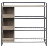 Benzara 43.25 Inches 3 Cubby Shoe Rack with 4 Shelves, Brown and Gray BM232946 Brown and Gray Solid Wood and Metal BM232946