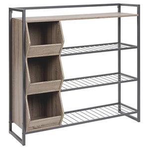 Benzara 43.25 Inches 3 Cubby Shoe Rack with 4 Shelves, Brown and Gray BM232946 Brown and Gray Solid Wood and Metal BM232946