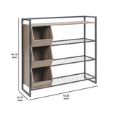 Benzara 43.25 Inches 3 Cubby Shoe Rack with 4 Shelves, Brown and Gray BM232946 Brown and Gray Solid Wood and Metal BM232946