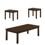 3 Piece Transitional Coffee Table and End Table with Block Legs, Brown