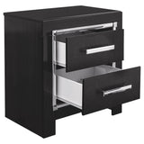 Benzara 24.3 Inches 2 Drawer Nightstand with Metal Trim, Black BM233199 Black Solid Wood and Engineered Wood BM233199