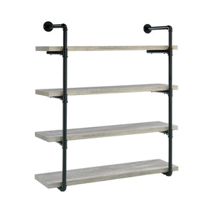 Benzara 46 Inch 4 Tier Metal and Wooden Wall Shelf, Black and Gray BM233215 Black and Gray Solid Wood and MDF BM233215