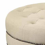 Benzara Round Shaped Fabric Ottoman with Nailhead Trim, Gray BM233231 Gray Fabric, Solid wood BM233231