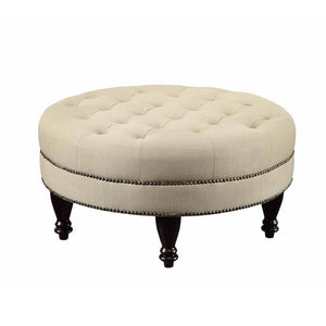 Benzara Round Shaped Fabric Ottoman with Nailhead Trim, Gray BM233231 Gray Fabric, Solid wood BM233231