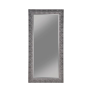 Benzara Rectangular Beveled Accent Floor Mirror with Glitter Mosaic Pattern, Gray BM233238 Gray Solid Wood and Mirror BM233238