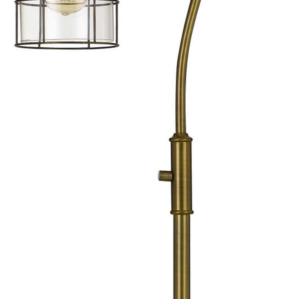 Benzara 60 Inch Metal Downbridge Design Floor Lamp with Caged Shade, Antique Brass BM233411 Brass Metal and Glass BM233411