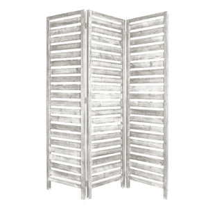 Benzara 3 Panel Foldable Wooden Screen with Slatted Design, Weatherd White BM233451 White Solid Wood BM233451