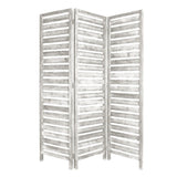 Benzara 3 Panel Foldable Wooden Screen with Slatted Design, Weatherd White BM233451 White Solid Wood BM233451