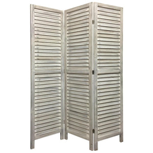 Benzara 67 Inch 3 Panel Shutter Screen with Fitted Slats, Weathered White BM233452 White Solid Wood BM233452