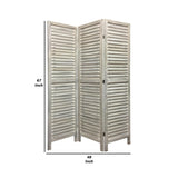 Benzara 67 Inch 3 Panel Shutter Screen with Fitted Slats, Weathered White BM233452 White Solid Wood BM233452