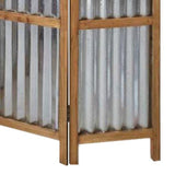 Benzara Industrial 3 Panel Foldable Screen with Corrugated Design,Silver and Brown BM233453 Silver and Brown Solid Wood and Metal BM233453