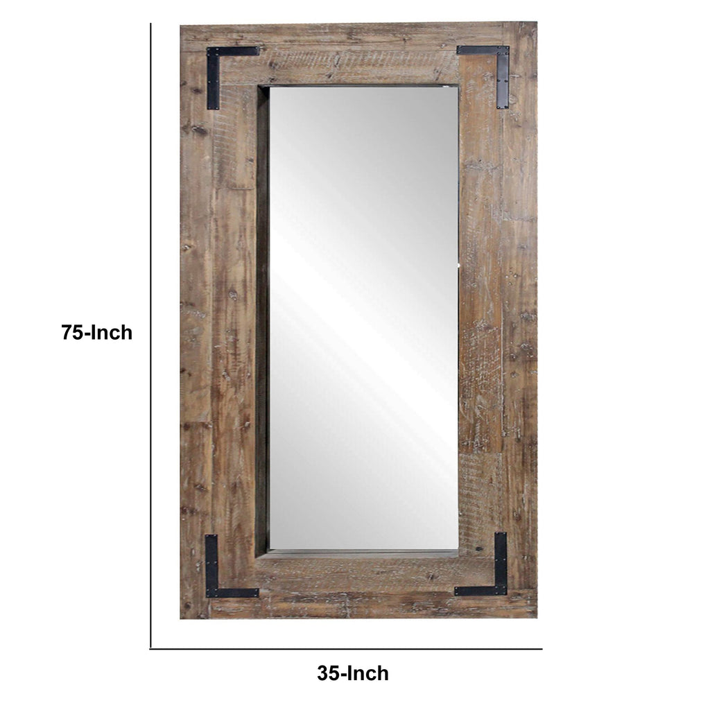 Benzara 75 Inch Reclaimed Wood Leaning Mirror with Metal Corner Accent, Brown BM233455 Brown Solid Wood, Mirror, and Metal BM233455