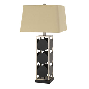 Benzara 31.5" Metal Table Lamp with Geometric Accents, Black and Silver BM233471 Black and Silver Metal and Fabric BM233471