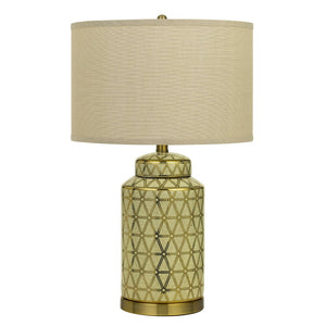 Benzara 24.5" Ceramic Table Lamp with Geometric Style Accents, Gold and Beige BM233485 Gold and Beige Ceramic and Fabric BM233485