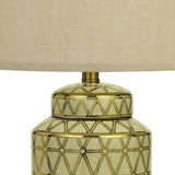 Benzara 24.5" Ceramic Table Lamp with Geometric Style Accents, Gold and Beige BM233485 Gold and Beige Ceramic and Fabric BM233485