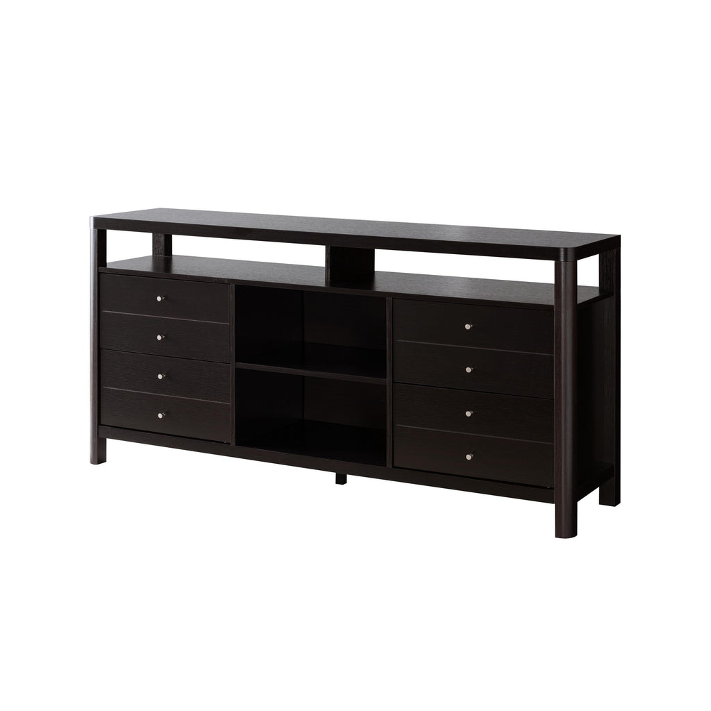 Benzara 60 Inches 8 Drawer TV Stand with Open Compartments, Brown BM233514 Brown MDF and Composite Board BM233514