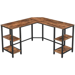 Benzara L Shape Metal Frame Computer Desk with 4 Shelves, Brown and Black BM233665 Brown and Black Particleboard and Metal BM233665