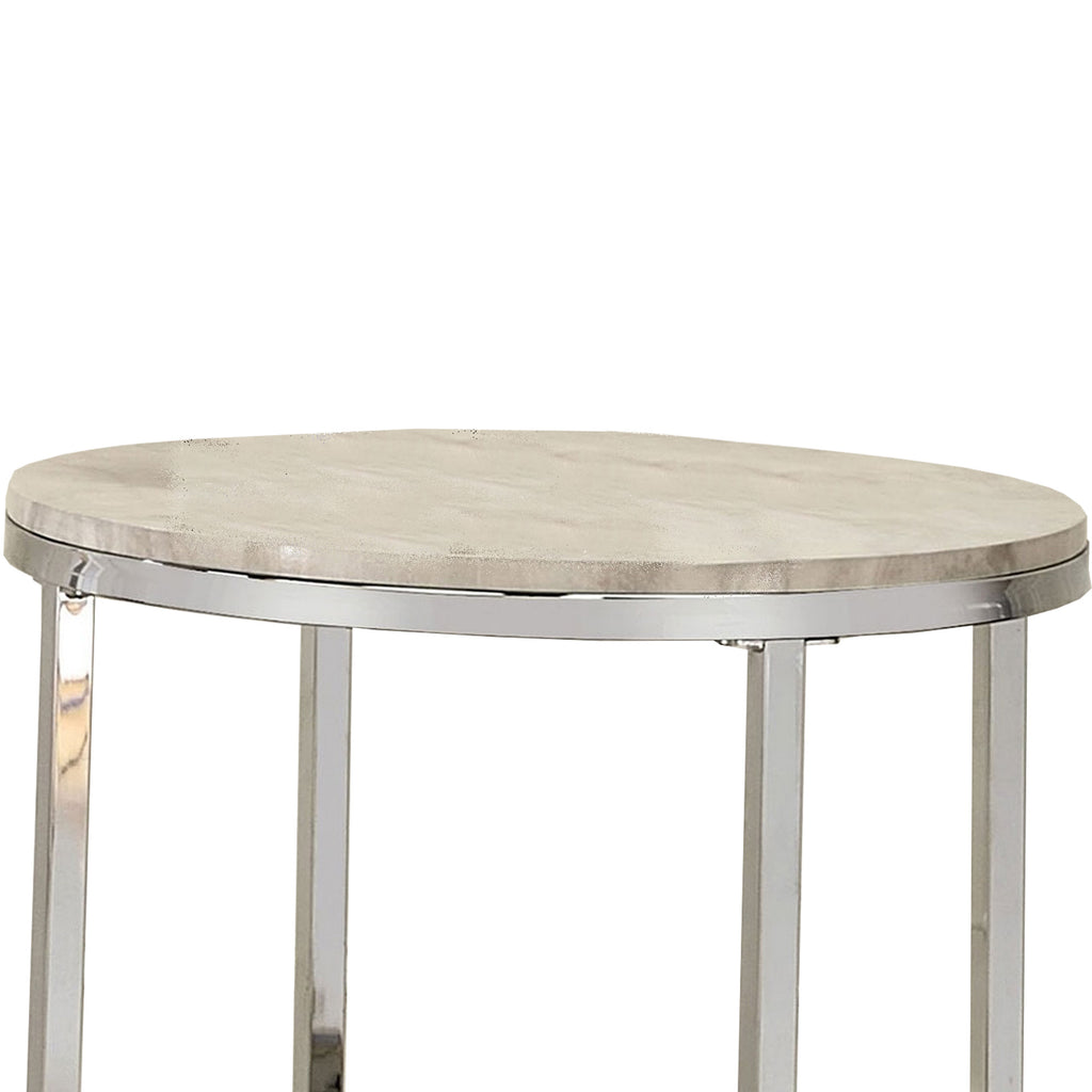 25 Inch Metal End Table with Faux Marble Top Silver English Elm