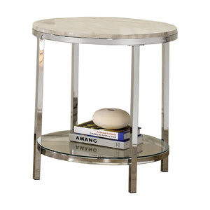 Benzara 25 Inch Metal End Table with Faux Marble Top, Silver BM233773 Silver Metal, Glass, and Faux Marble BM233773