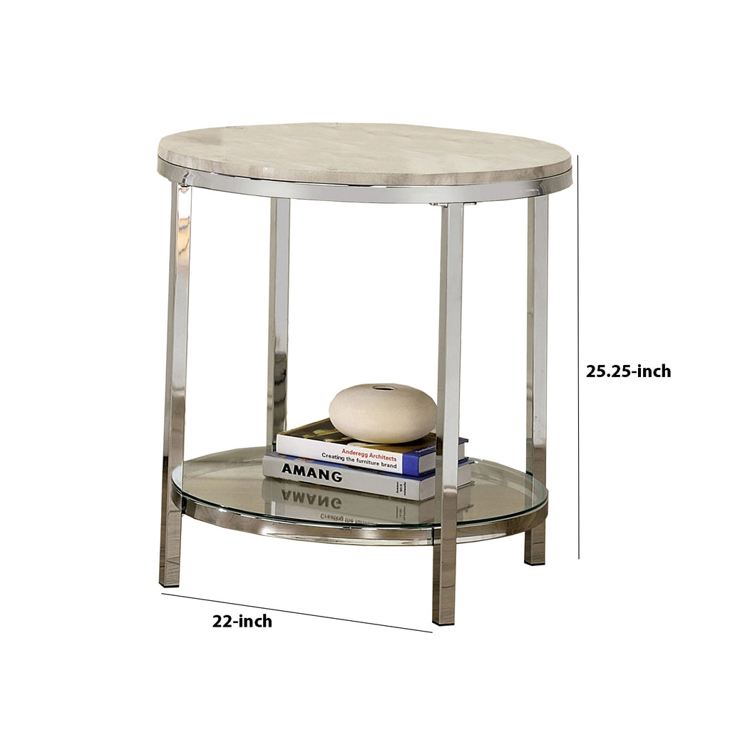 25 Inch Metal End Table with Faux Marble Top Silver English Elm