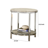 Benzara 25 Inch Metal End Table with Faux Marble Top, Silver BM233773 Silver Metal, Glass, and Faux Marble BM233773