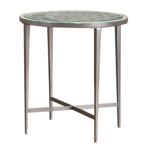 Benzara Round Glass Top Metal End Table with Sleek Tapered Legs, Silver BM233781 Silver Metal, Glass BM233781