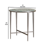 Benzara Round Glass Top Metal End Table with Sleek Tapered Legs, Silver BM233781 Silver Metal, Glass BM233781