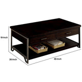 Benzara 2 Drawer Wooden Coffee Table with Open Shelf, Dark Brown BM233788 Brown Solid wood, Metal BM233788