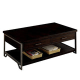 Benzara 2 Drawer Wooden Coffee Table with Open Shelf, Dark Brown BM233788 Brown Solid wood, Metal BM233788