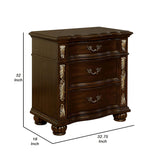 Benzara 3 Drawer Wooden Nightstand with Decorative Accent and USB Plugin, Brown BM233789 Brown Solid wood, Veneer BM233789