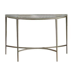 Benzara Semicircular Glass Top Sofa Table with Sleek Tapered Legs, Silver BM233795 Silver Metal, Glass BM233795