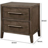 Benzara 2 Drawer Wooden Nightstand with Metal Bar Pulls and USB Port, Brown BM233845 Brown Solid Wood and Veneer BM233845