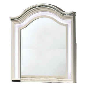 Benzara Molded Camelback Top Wooden Mirror with LED Light, White BM233846 White Solid Wood, Acrylic and Mirror BM233846