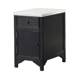 Marble Top Wooden Side Table with Drawer and Cabinet, Black and White