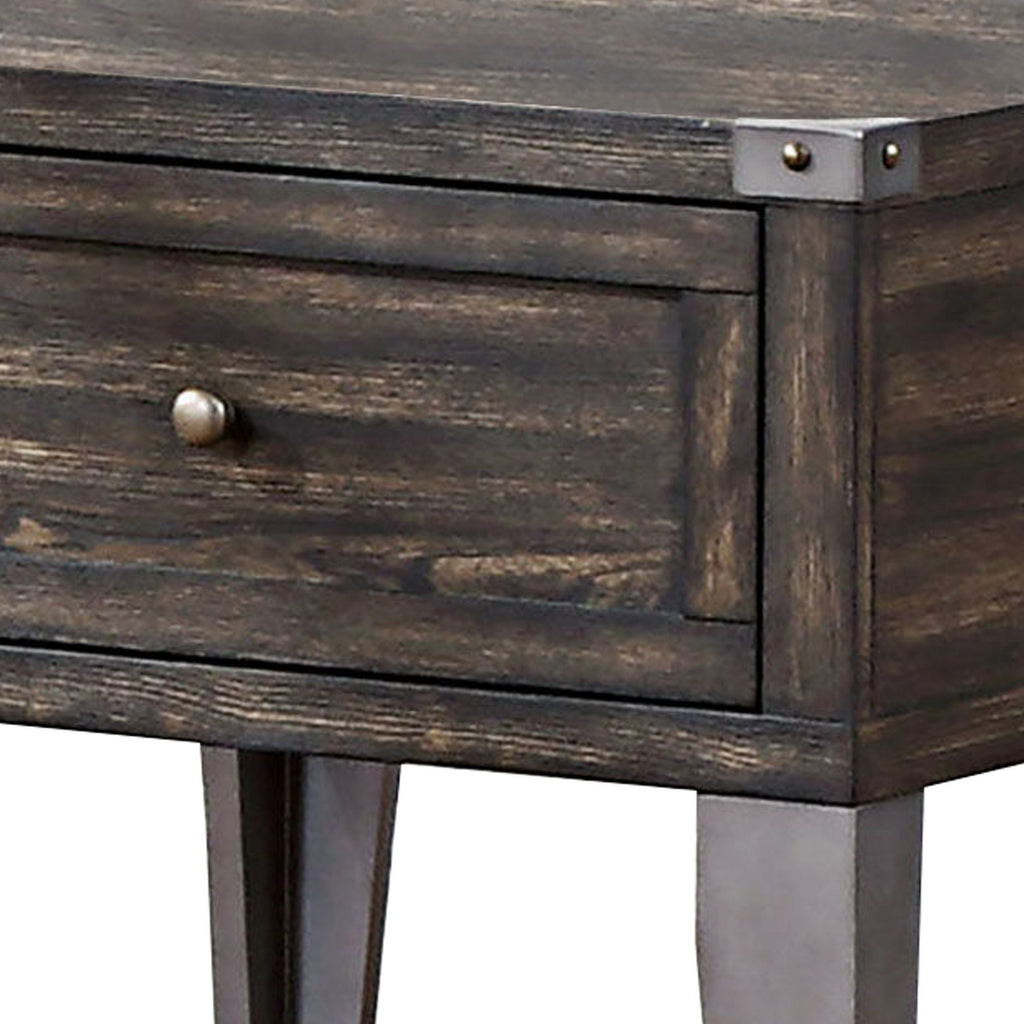 Benzara 1 Drawer Wooden End Table with Metal Angled Legs, Brown BM233853 Brown Solid Wood and Metal BM233853