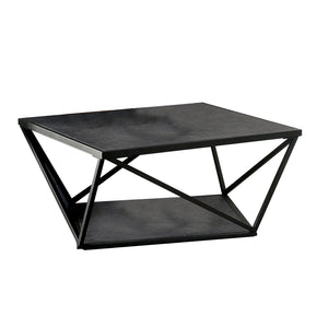 Benzara Faux Marble Coffee Table with Open Shelf and Metal Frame, Gray and Black BM233855 Gray and Black Metal and Faux Marble BM233855