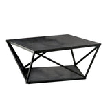 Faux Marble Coffee Table with Open Shelf and Metal Frame, Gray and Black