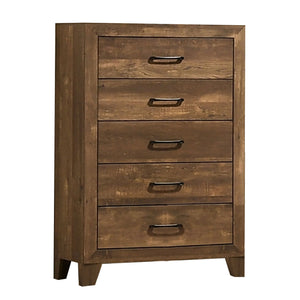 Benzara 5 Drawer Wooden Chest with Grain Details, Walnut Brown BM233856 Brown Solid Wood and Faux Veneer BM233856