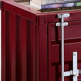 Benzara Industrial Style End Table with Sliding Door Storage, Red BM233862 Red Metal and Faux Wood veneer BM233862