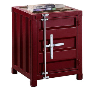 Benzara Industrial Style End Table with Sliding Door Storage, Red BM233862 Red Metal and Faux Wood veneer BM233862