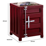 Benzara Industrial Style End Table with Sliding Door Storage, Red BM233862 Red Metal and Faux Wood veneer BM233862