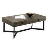 Benzara Wire Brushed Design Wooden Coffee Table with 2 Drawers, Gray and Black BM233879 Gray and Black Solid Wood and metal BM233879