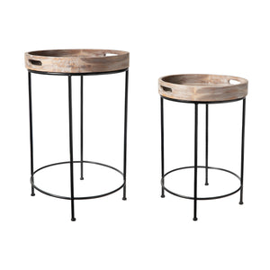 Benzara Round Tray Table with Metal Stand, Set of 2, Brown and Black BM233907 Brown, Black Solid Wood, Metal BM233907