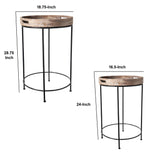 Benzara Round Tray Table with Metal Stand, Set of 2, Brown and Black BM233907 Brown, Black Solid Wood, Metal BM233907