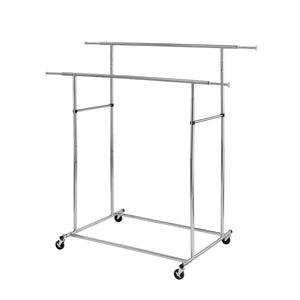 Benzara Dual Bar Tubular Metal Frame Garment Rack with Casters, Chrome BM233941 Chrome Metal BM233941